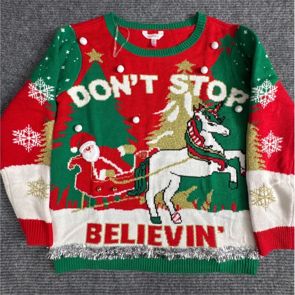 No Boundaries 3X Ugly Christmas Sweater Santa Unicorn Dont Stop Believin Tinsel